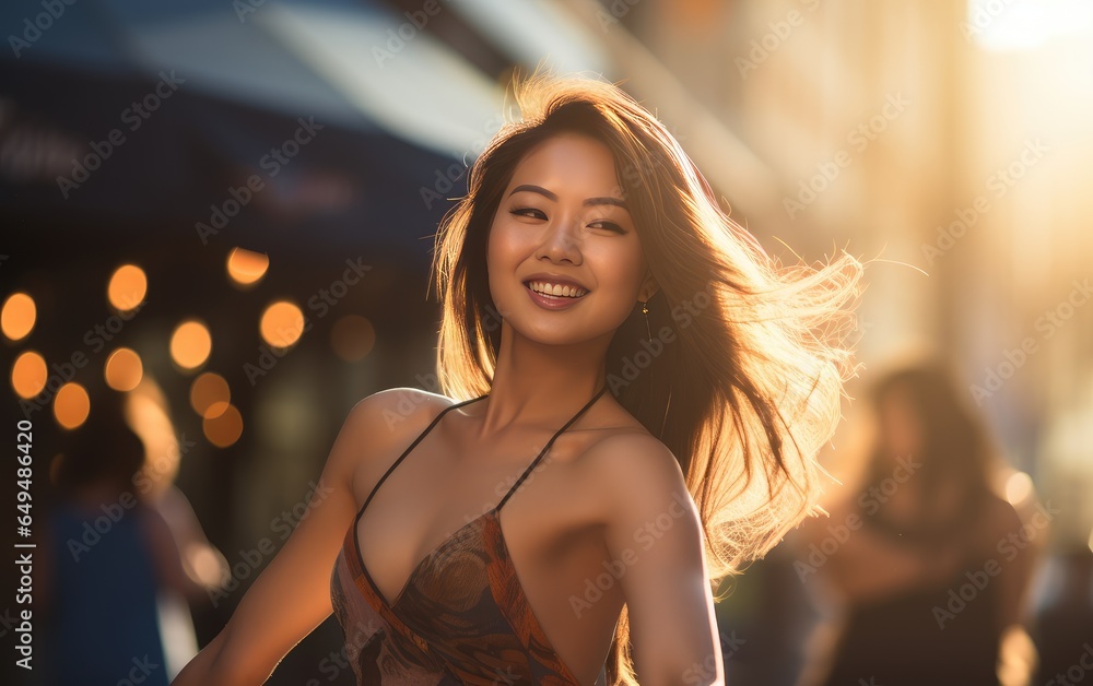Fototapeta premium Portrait of a happy young Korean woman on a city street. expression of joyful emotions. street photograph of a girl.