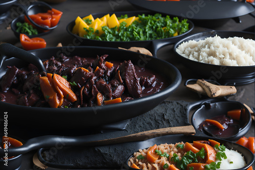 Close-up of an appetizing Feijoada from Brazil, traditional and full of flavor, with its juicy meat and creamy black beans. Generated by AI photo