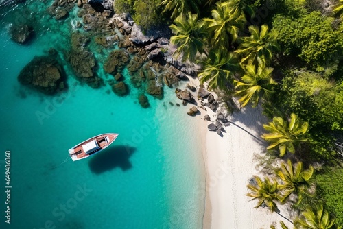 Bird s-eye view of stunning Caribbean tropical island beach with palm trees and boat. Perfect vacation destination. Generative AI