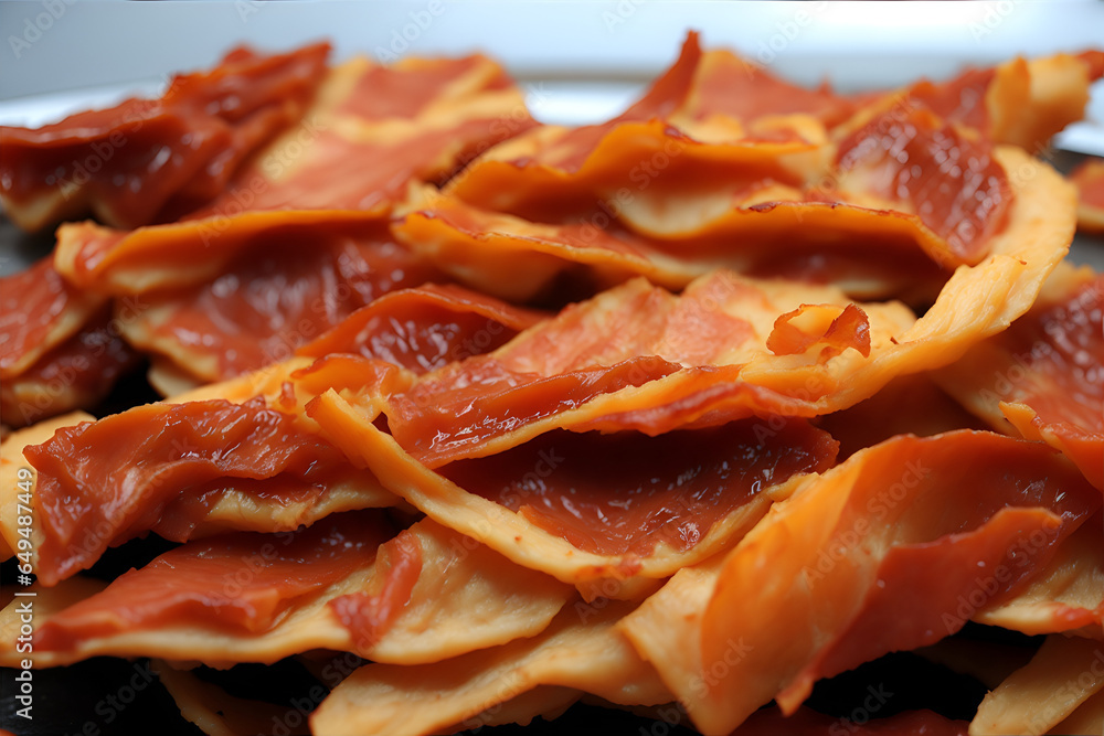 Close-up of perfectly prepared slices of bacon, providing an unparalleled flavor for true gourmets. Generated by AI Close-up of perfectly prepared slices of bacon, providing an unparalleled flavor for true gourmets. Generated by AI