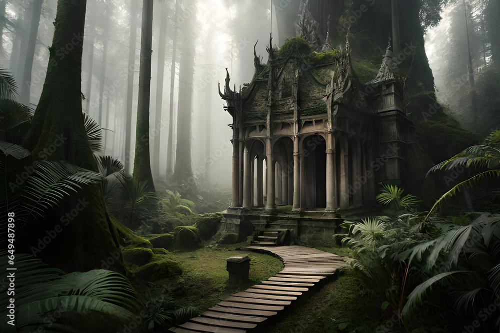 Fototapeta premium Ancient Ta Promh temple in the jungle, background AI generated illustration.
