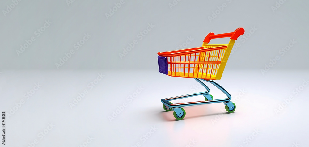 An empty supermarket cart in orange, blue, and yellow colors. E commerce. Generative AI.