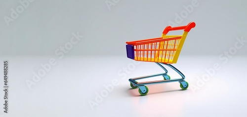 Obraz na płótnie An empty supermarket cart in orange, blue, and yellow colors. E commerce. Generative AI. w salonie