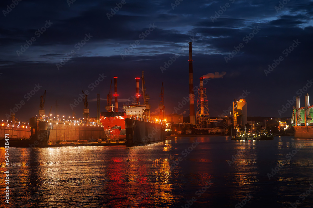 Scenery industrial landscape. Twilight over Shipyard.