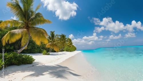 Sandy beach on sunny day with white sand and rolling calm wave of turquoise ocean, white clouds in blue sky background © ibreakstock