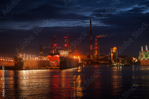 Scenery industrial landscape. Twilight over Shipyard.
