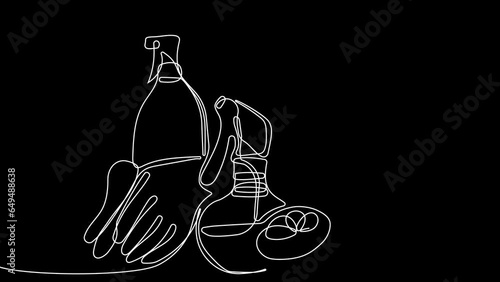 Animated drawing of continuous line draw of set bottles of different cleaning procucts friendly cleaning. Minimal concept. High quality 4k footage photo