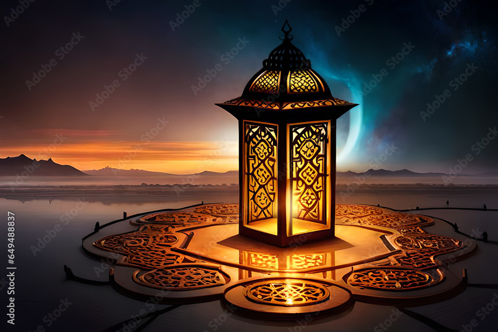Obraz premium Ornamental Arabic lantern with burning candle glowing .