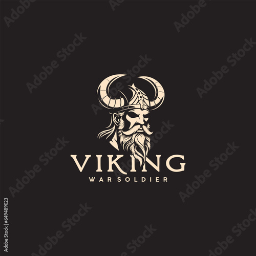 Viking logo design, Barbarian man head icon with horn helmet and beard.