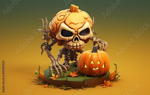 3d halloween skull with jack o lantern