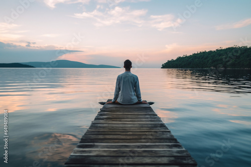 Fotografia Young man meditating on a wooden pier at sunset in the lake