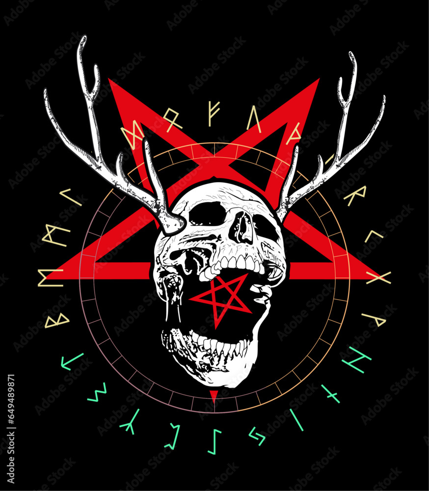 Fototapeta premium T-shirt design of a skull with elk horns on a demonic red star and runic letters. Viking alphabet.