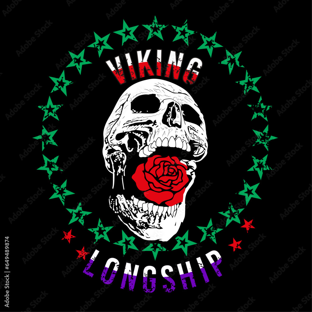 Viking longship. Skull t-shirt design with a red rose and a circle of stars on a black background.