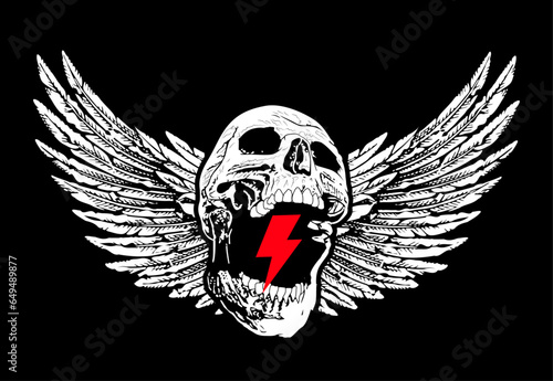 winged skull t-shirt design with the symbol of thunderbolt