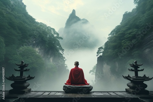 a serene monk meditates at a misty Chinese temple, situated amidst majestic mountains. Generative AI