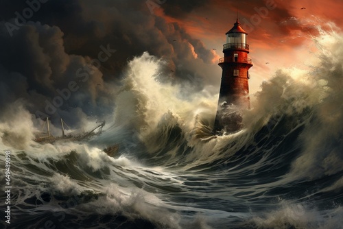 stormy seas, lighthouse, impending tsunami. Generative AI