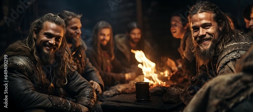 Group of vikings smiling, sitting at a campfire in the forrest