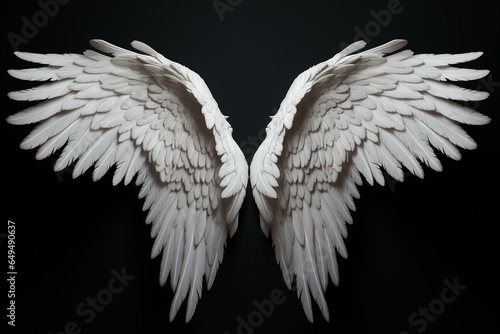 White angel wings 3D model on black background. Generative AI