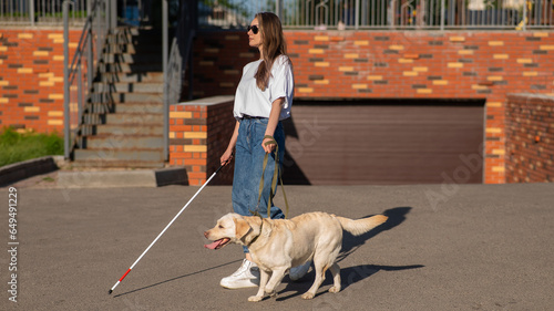 Blind woman walking with guide dog. 