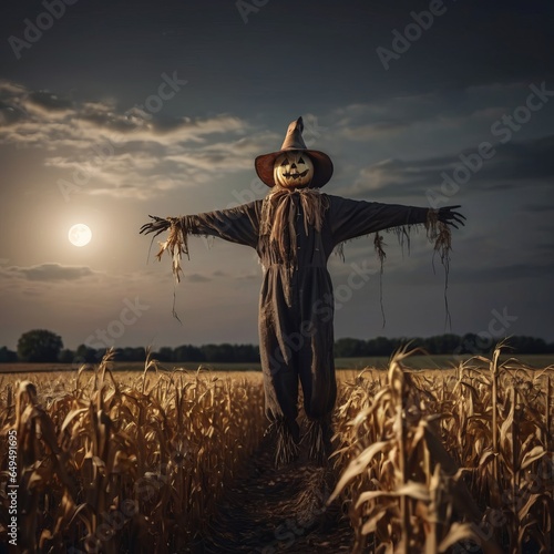 Spooky Scarecrow in the corn field during night time with full moon, Halloween, Scarry