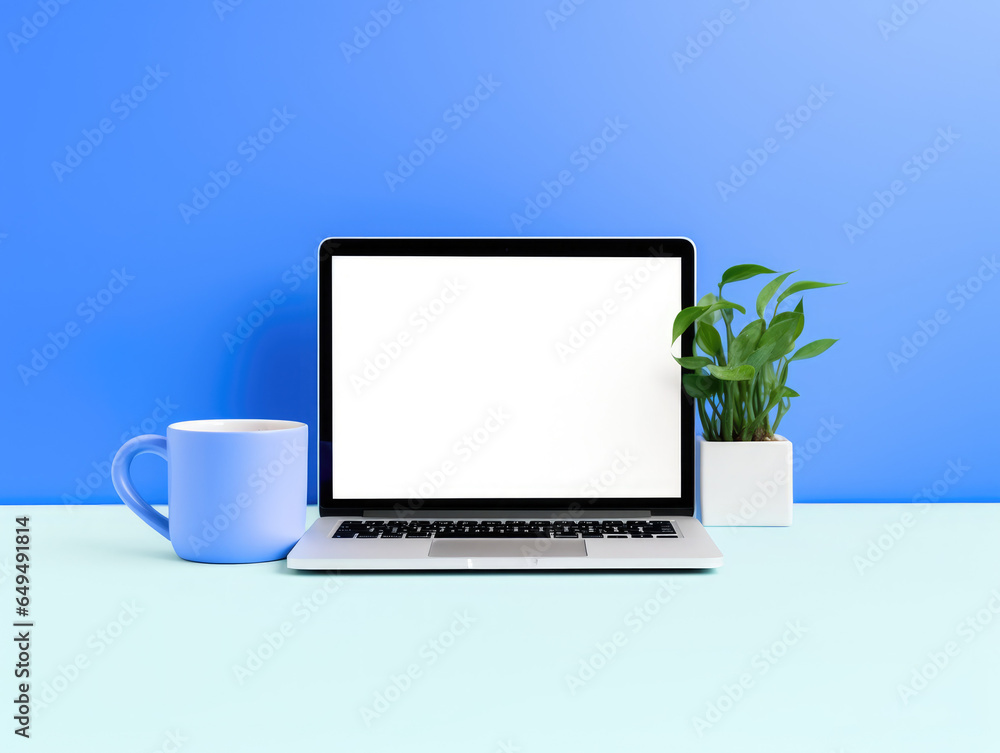Fototapeta premium Blue laptop mockup, blue background, house plants decorations