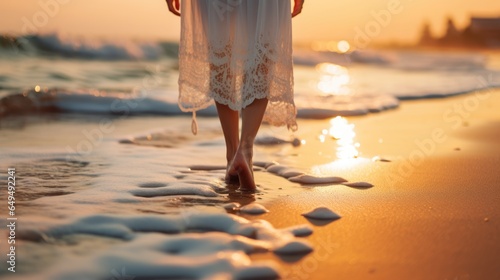 relaxing summer holiday concept picture of white sea beach with romantic walking feet in dramatic sunset.  © ANEK