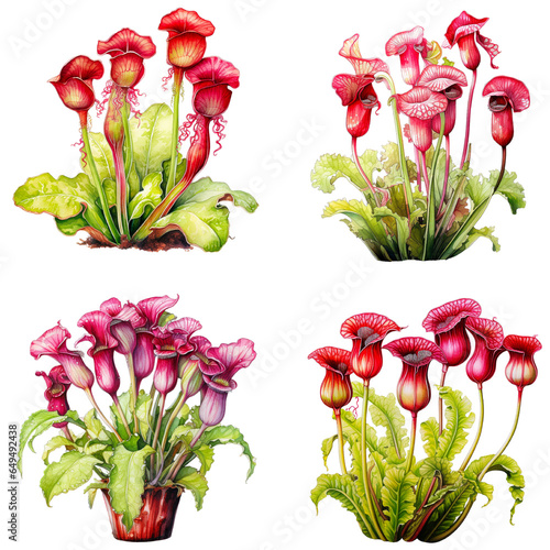 Set of watercolor nephentes carnivore flower isolated on white background photo