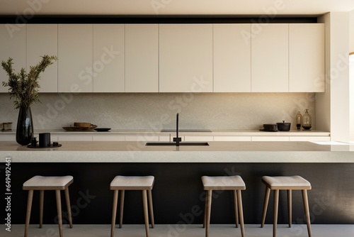 Minimalist kitchen with bar seating and stylish countertop. Framed. Generative AI