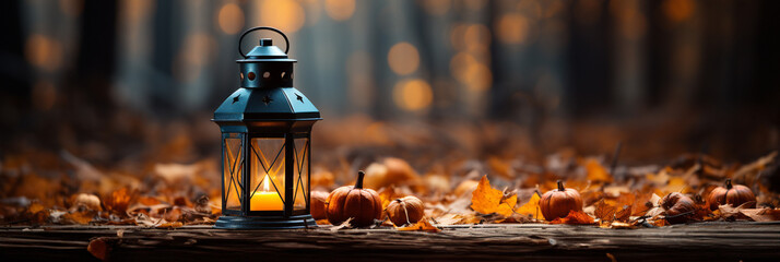 Warm and inviting lit vintage lantern resting on wood planks base outdoors in a fall setting - generative AI.