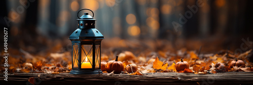 Warm and inviting lit vintage lantern resting on wood planks base outdoors in a fall setting - generative AI.