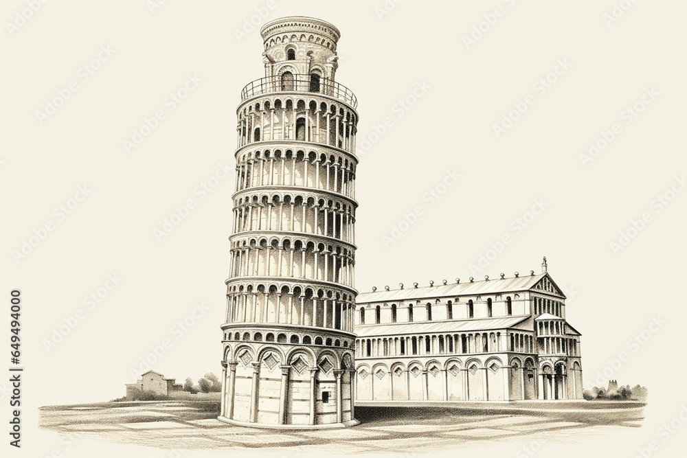 Sketch engraving illustration of leaning tower of Pisa with transparent background. Generative AI