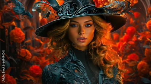 Mysterious woman with black hat and sword amid flickering flames and roses. Image features Halloween/Thanksgiving colors Generative AI