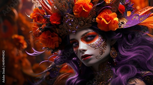 Woman with striking purple hair and vibrant orange flowers in backdrop of contrasting tones. Image features Halloween/Thanksgiving colors. Generative AI