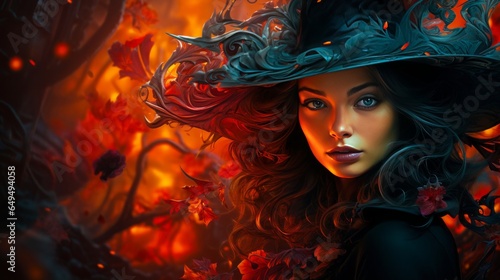 Mysterious woman in witch hat with dragon and fire. Image features Halloween/Thanksgiving colors.Generative AI
