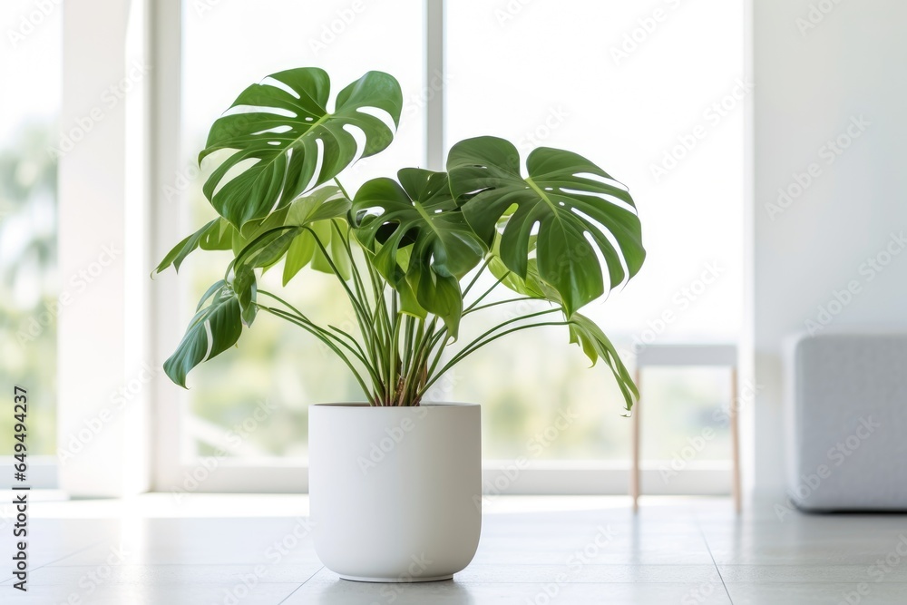 Beautiful monstera flower in a white pot. The concept of minimalism. room interior in scandinavian style. Empty white wall and copy space