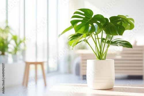 Beautiful monstera flower in a white pot. The concept of minimalism. room interior in scandinavian style. Empty white wall and copy space photo