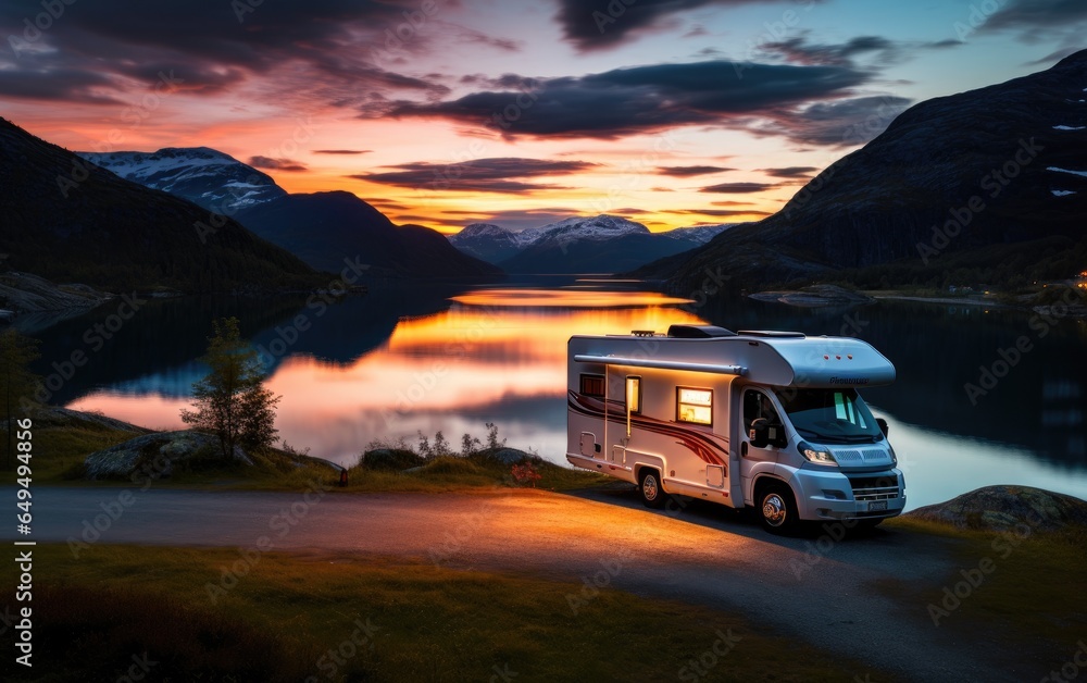 Fototapeta premium Motorhome in a beautiful landscape at dusk. Norway. Generative AI