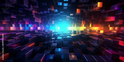 Colorful LED Creative Abstract Geometric Texture. Screen Wallpaper. Digiral Art. Abstract Bright Surface Geometrical Horizontal Background. Ai Generated Vibrant Texture Pattern.