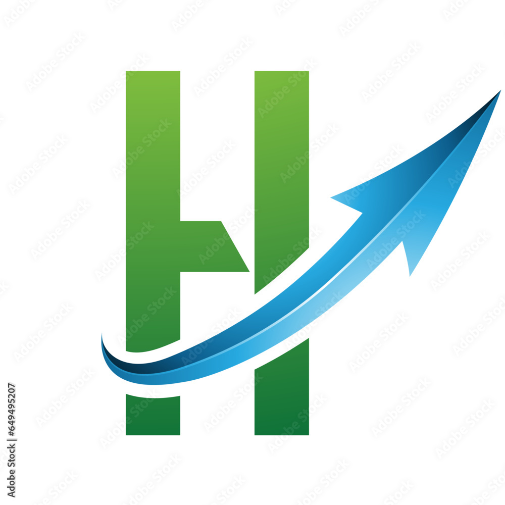 Green and Blue Futuristic Letter H Icon with a Glossy Arrow