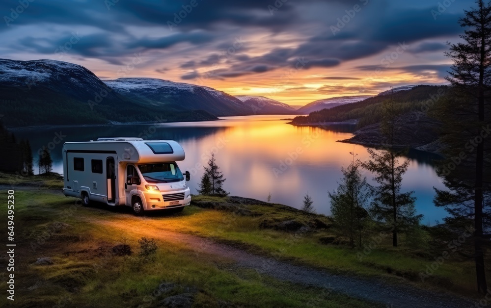 Motorhome in a beautiful landscape at dusk. Norway. Generative AI