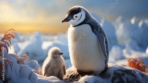 A baby penguin with a parent in the beautiful evening light. Generative AI. 