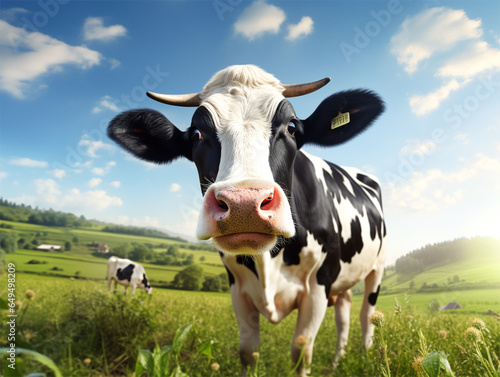 Dairy Friesian cow with green meadow and blue sky background. Agriculture or cattle concept