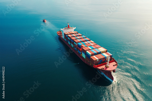 Container cargo ship in open sea. Transportation, import export business concept