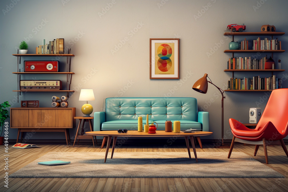 Concept living room interior design in the style of the Colourful 70s front view of retro living room with vintage blue sofa with radiogram retro interior room design with abstract wall art - obrazy, fototapety, plakaty 