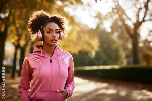 Portrait of young african woman wearing sport clothes running in a park.