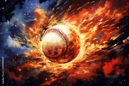 Baseball ball in flames of fire. The concept of a hot game and principled rivalry. Background with selective focus