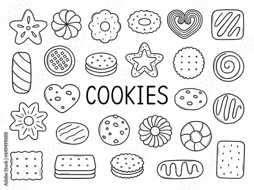 Cookies and biscuits doodle set. Desserts, pastry, crackers, chocolate chip cookies in sketch style. Hand drawn vector illustration isolated on white background