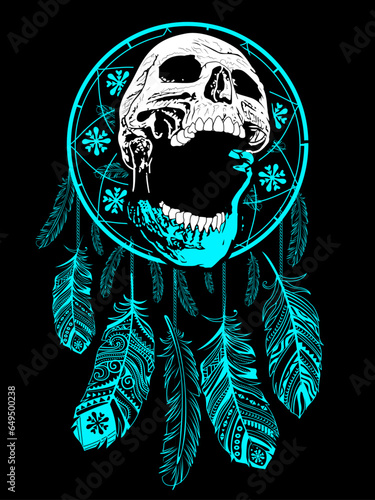Skull t-shirt design with dream catcher on black background.