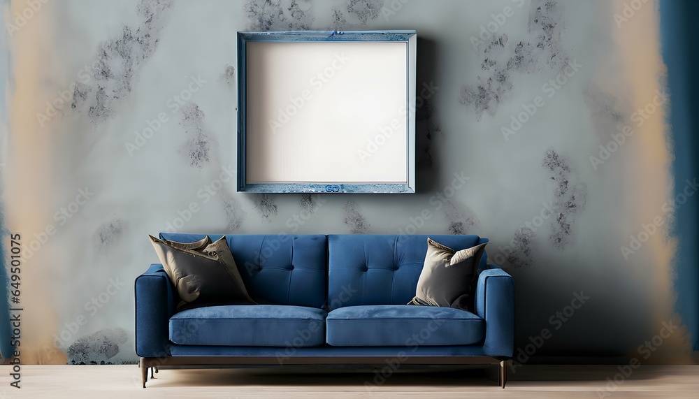 Dark Blue sofa against wall with art frame. Rustic minimalist home interior design of modern living room. Dark Blue sofa against wall with art frame. Rustic minimalist home interior design of modern living room.
