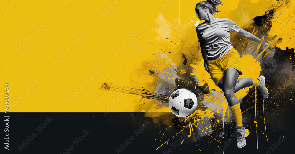 Yellow and black background with a soccer ball